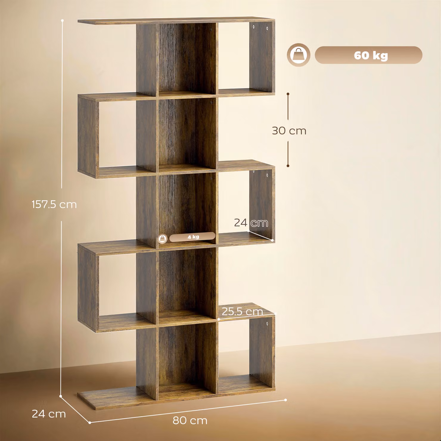 HOMCOM 5-Tier S-Shaped Geometric Bookshelf with 15 Compartments in Rustic Brown – 3