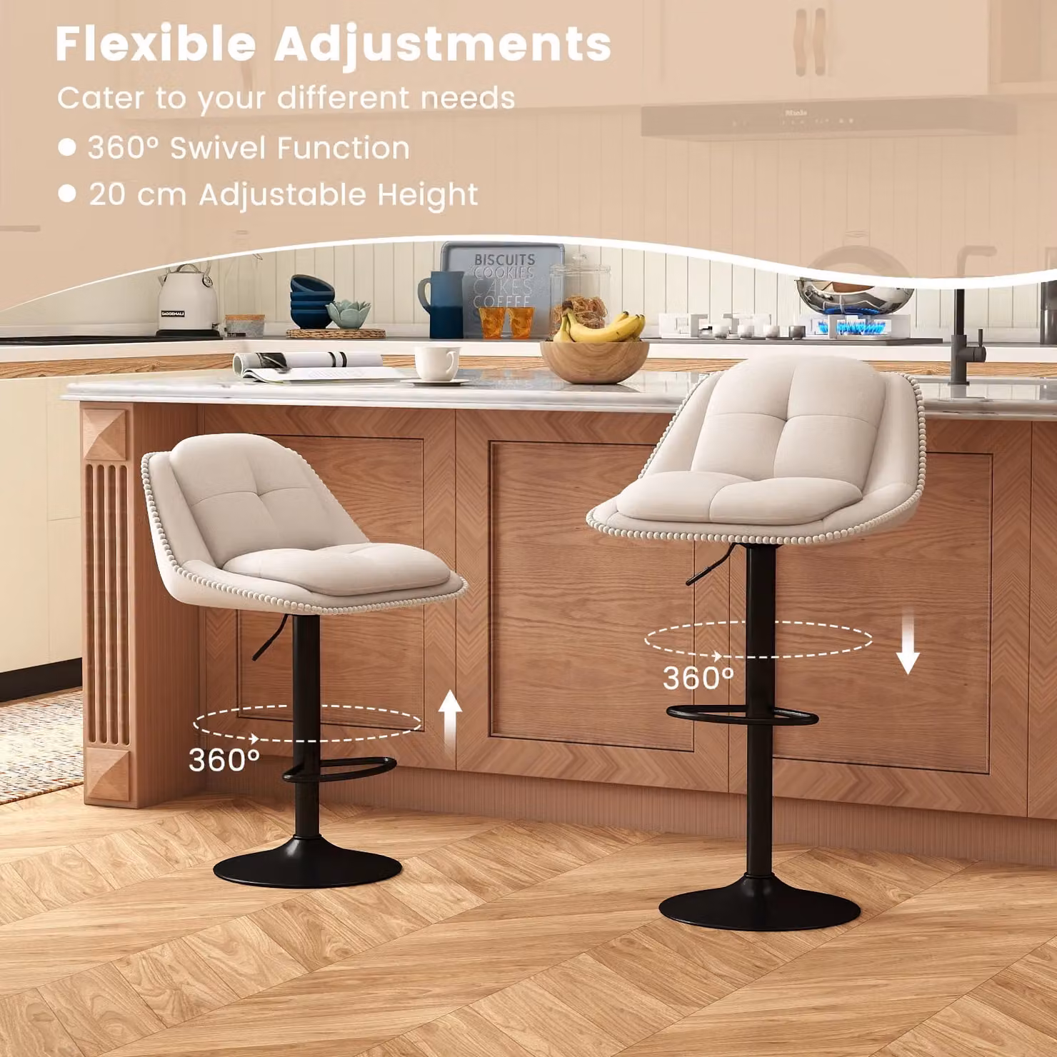 Gymax 2-Pack Modern Adjustable Chenille Upholstered Bar Stools in Beige with Swivel Metal Frame – 3