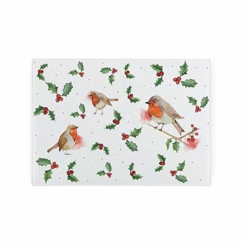 Purely Home Christmas Robins Small Glass Worktop Saver in Multicolour and White with Non-Slip Feet, W: 28.5 cm, D: 20 cm