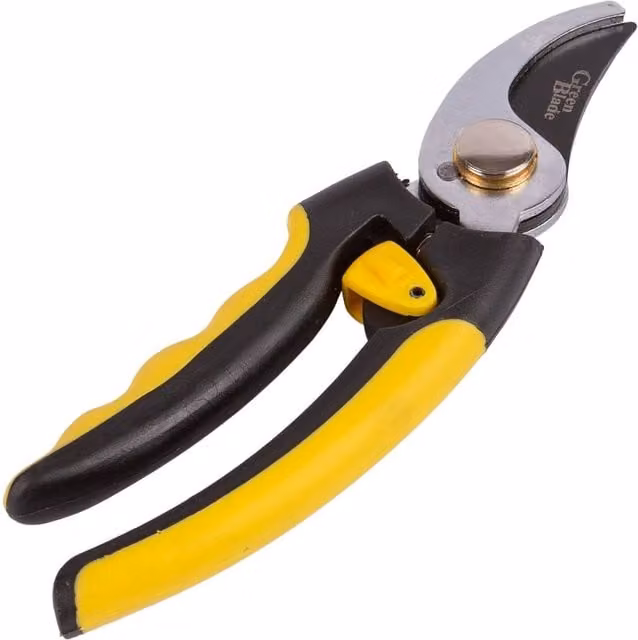 Yellow Compact Bypass Carbon Steel Secateurs with Green Blades