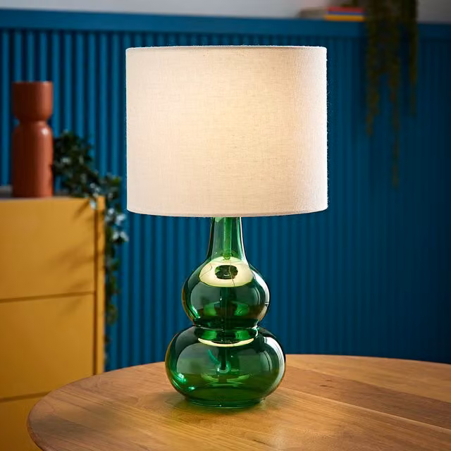Aida Bubble Glass Table Lamp with Linen Shade in Green and Blue