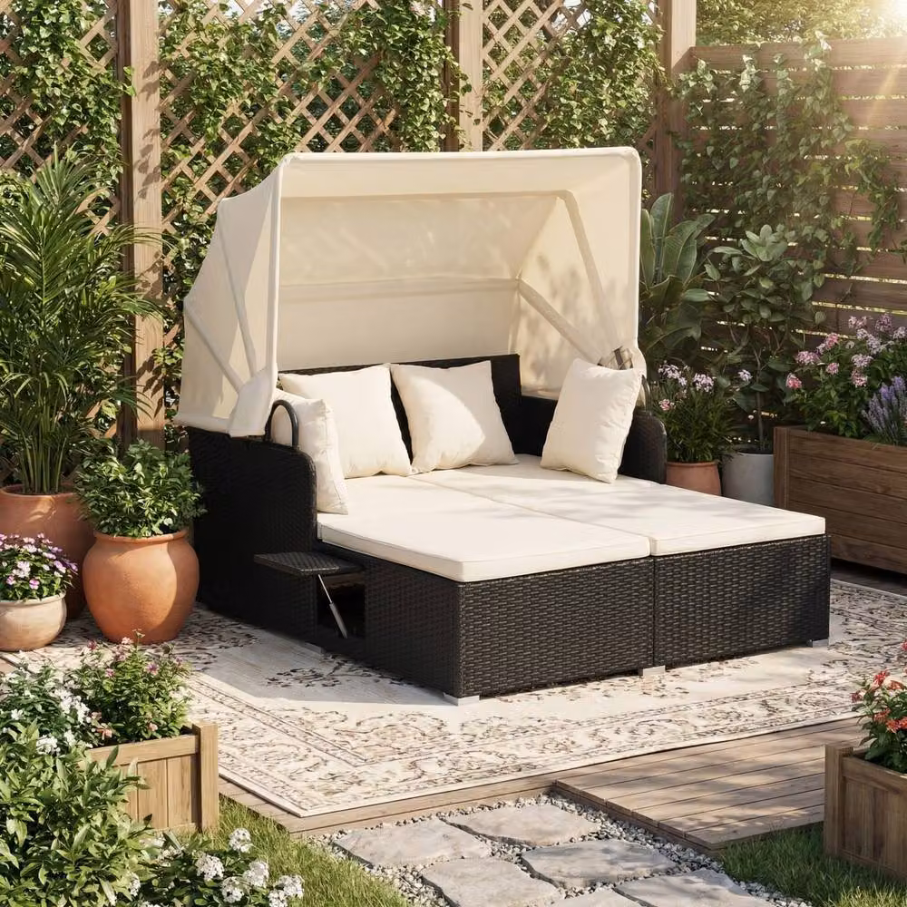 Gymax Outdoor PE Rattan Wicker Sunbed for 2 Adults in White – 7