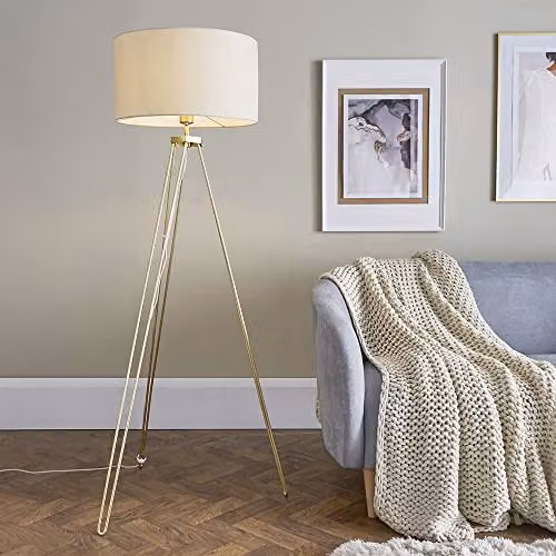 ValueLights Modern Gold Tripod Floor Lamp with Beige Fabric Cylinder Shade – 2