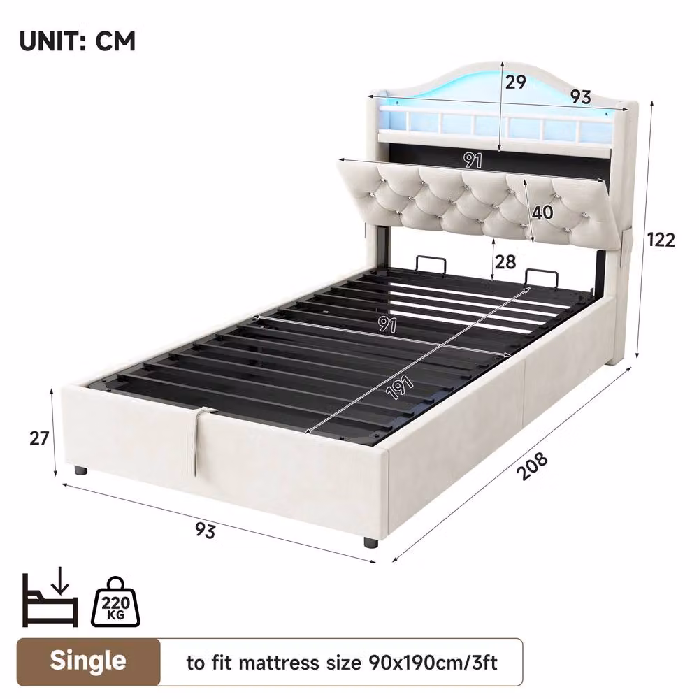 Matteo Single Hydraulic Velvet LED Bed Frame with Storage and Charging Station in Beige, W/D/H: 90 x 200 cm – 4