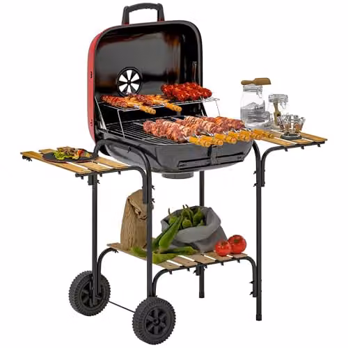 Outsunny Red Charcoal Barbecue Grill with Warming Rack and Wheels – 1