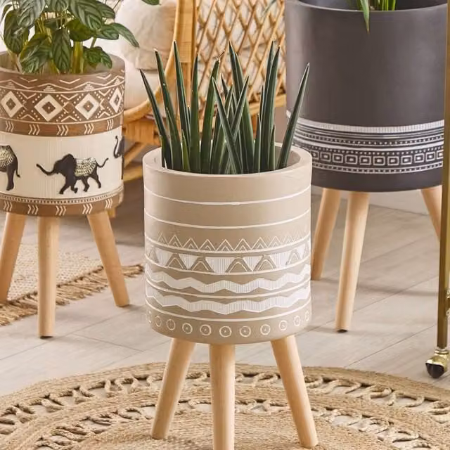 Wyld and Coco Beige Ceramic Plant Stand with Solid Wood Legs, Diameter: 30 cm