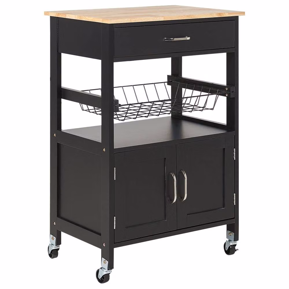 Wyld and Coco Black Kitchen Trolley with Rubberwood Top W/D/H: 58 x 40 x 90 cm – 2