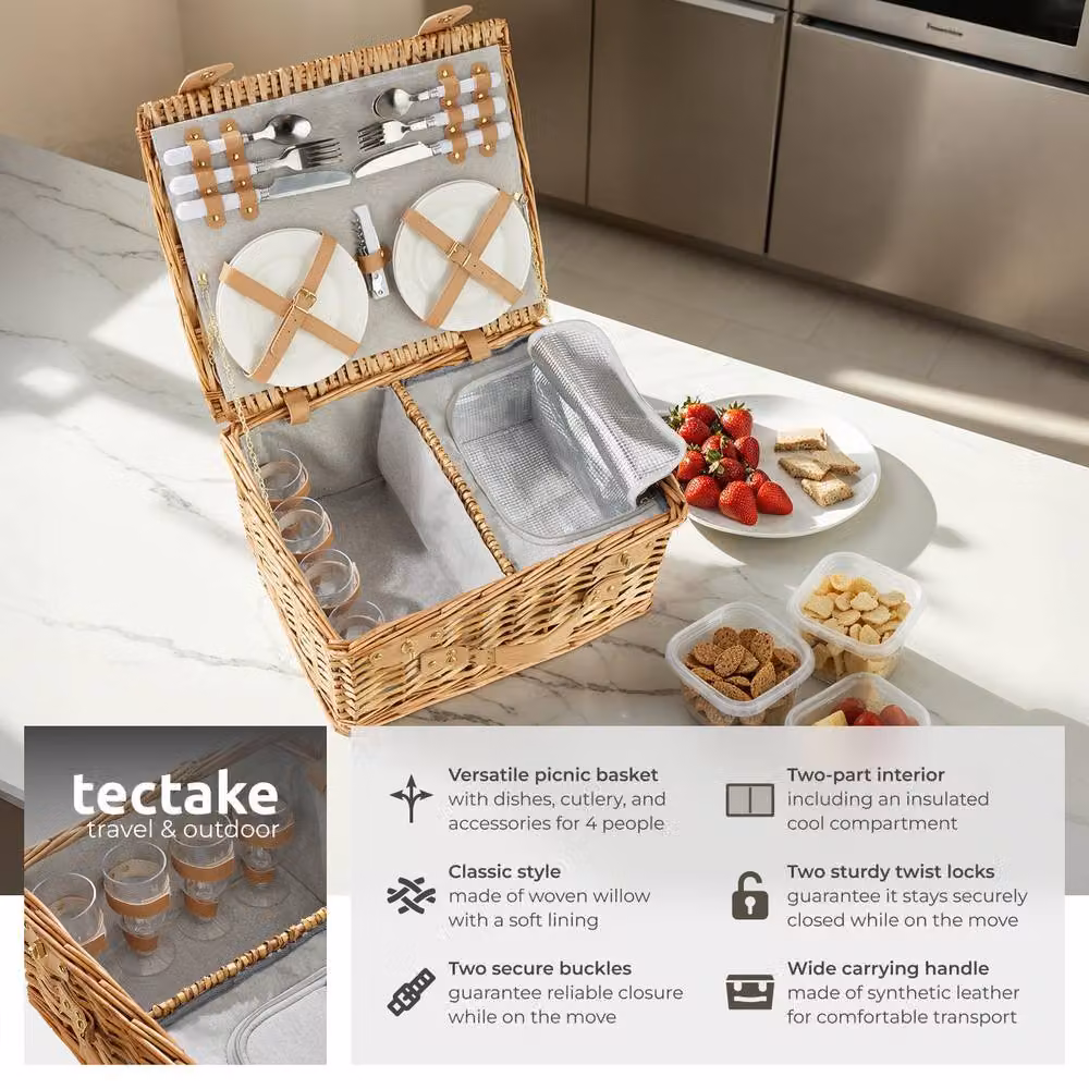 tectake Fohr Picnic Basket for 4 People with Cooler Compartment and Accessories in Brown – 2