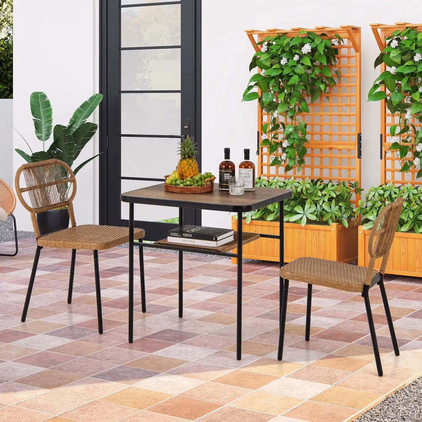 Gymax Brown Rattan Patio Dining Set with 2 Stackable Wicker Chairs and Dining Table – 4
