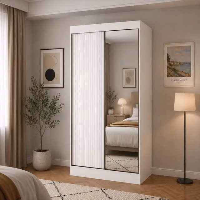 KDMD Berlin 100cm White Matt Sliding Door Wardrobe with Internal Shelves and Hanging Rod – 1