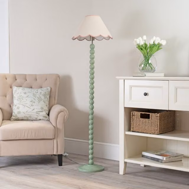 Bobbins Sage Floor Lamp with Scallop Tapered Fabric Shade in Pink