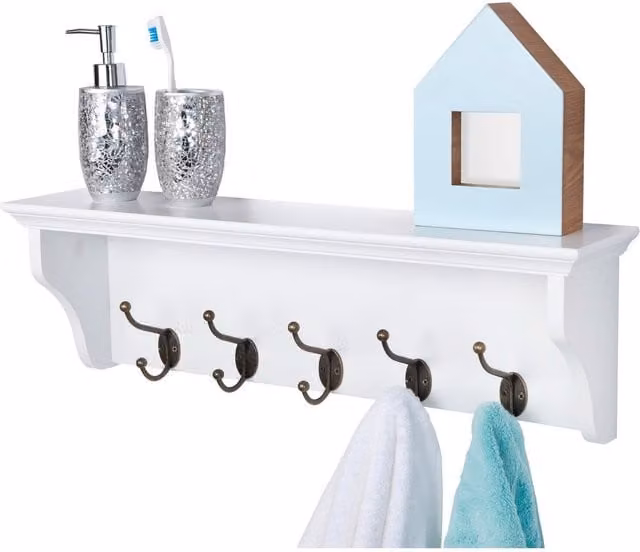 Elegant Brands Richmond White Wooden Wall Mounted Coat Rack with 5 Hooks and Shelf