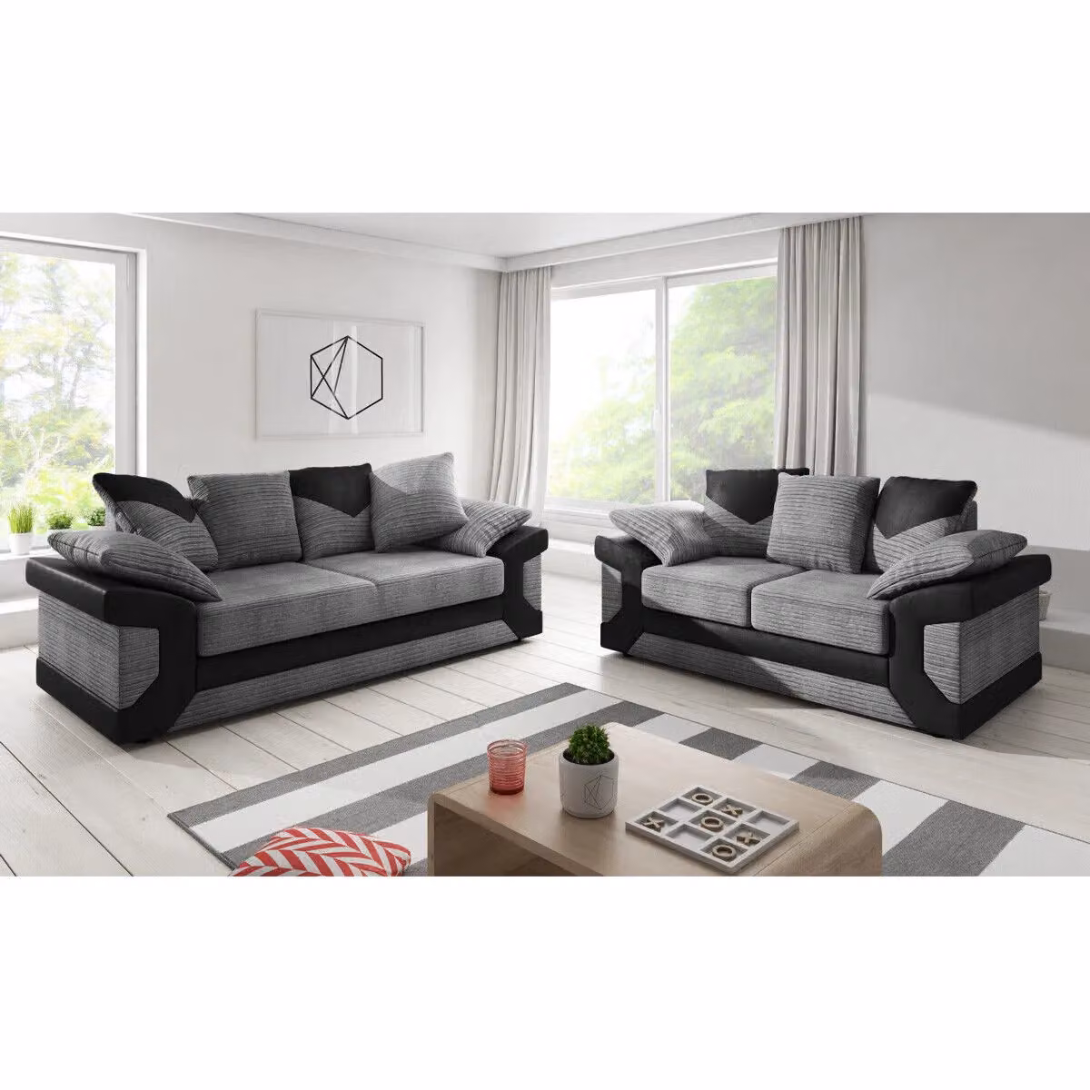 SquareBoxx Arlo 3+2 Seater Cord Fabric Sofa with Leather-Effect Arms and Scatter Cushions in Grey – 3