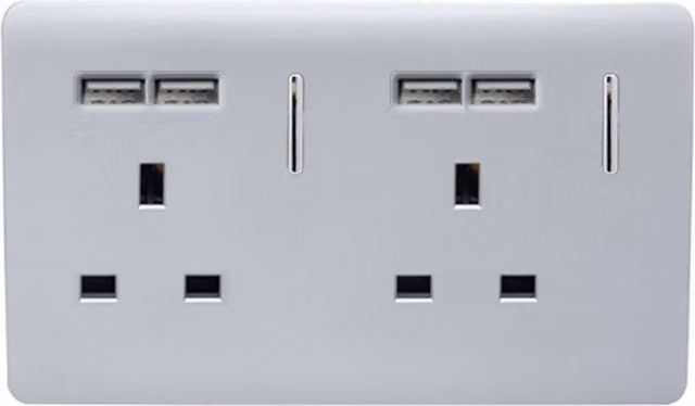 Trendi 2 Gang 13 Amp Switched Plug Socket with 4 x 2.1mA Type A USB Ports in Platinum Silver
