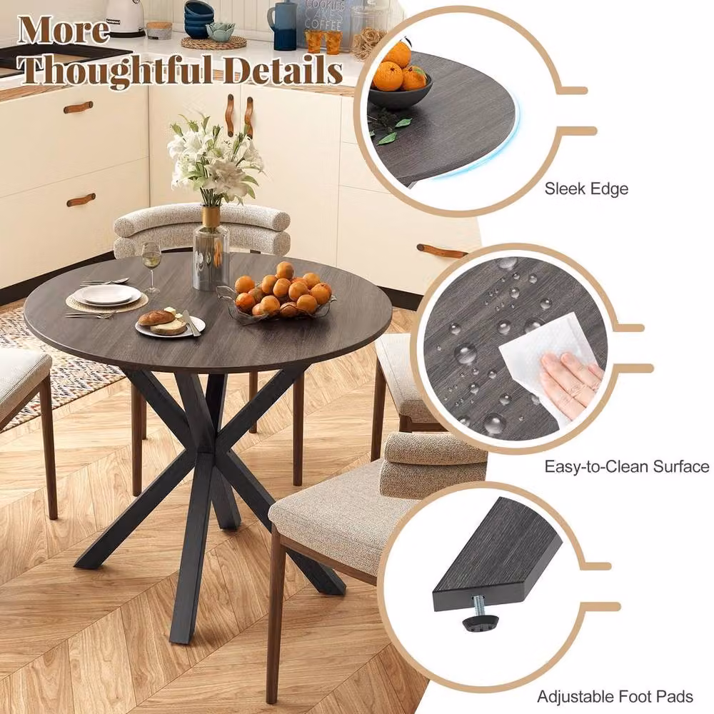KORVIXA Round Wood Dining Table in Black with Rustic MDF Laminate Finish – 5