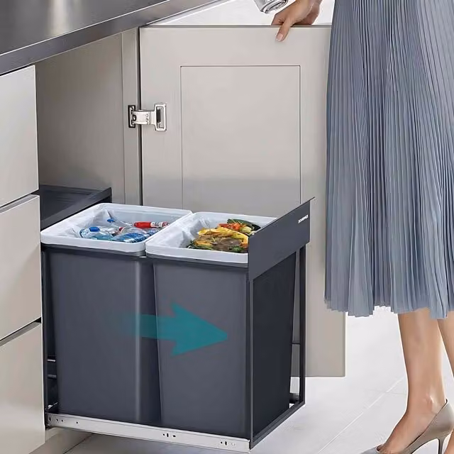 The Bazaarist Double Pull Out Cabinet Recycling Bin with Flip Lid, Grey