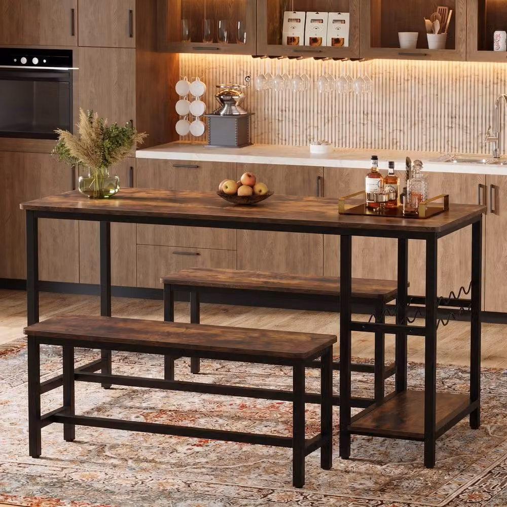 Abrihome Industrial Dining Table and Bench Set in Brown for 4 People – 6