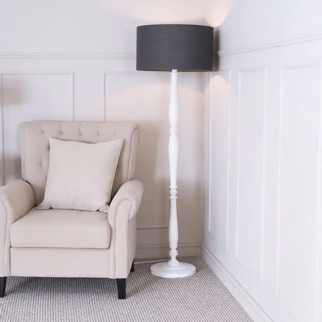 ValueLights Victoria White Wood Traditional Floor Lamp with Grey Fabric Drum Shade and LED Bulb – 1