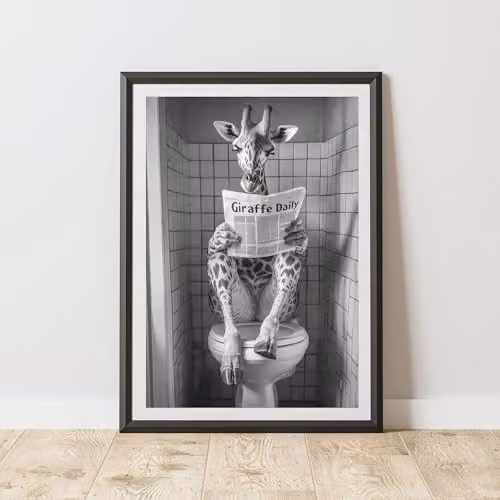 60 Second Makeover Giraffe Reading Paper On Toilet Animal Print Wall Art Poster, A3