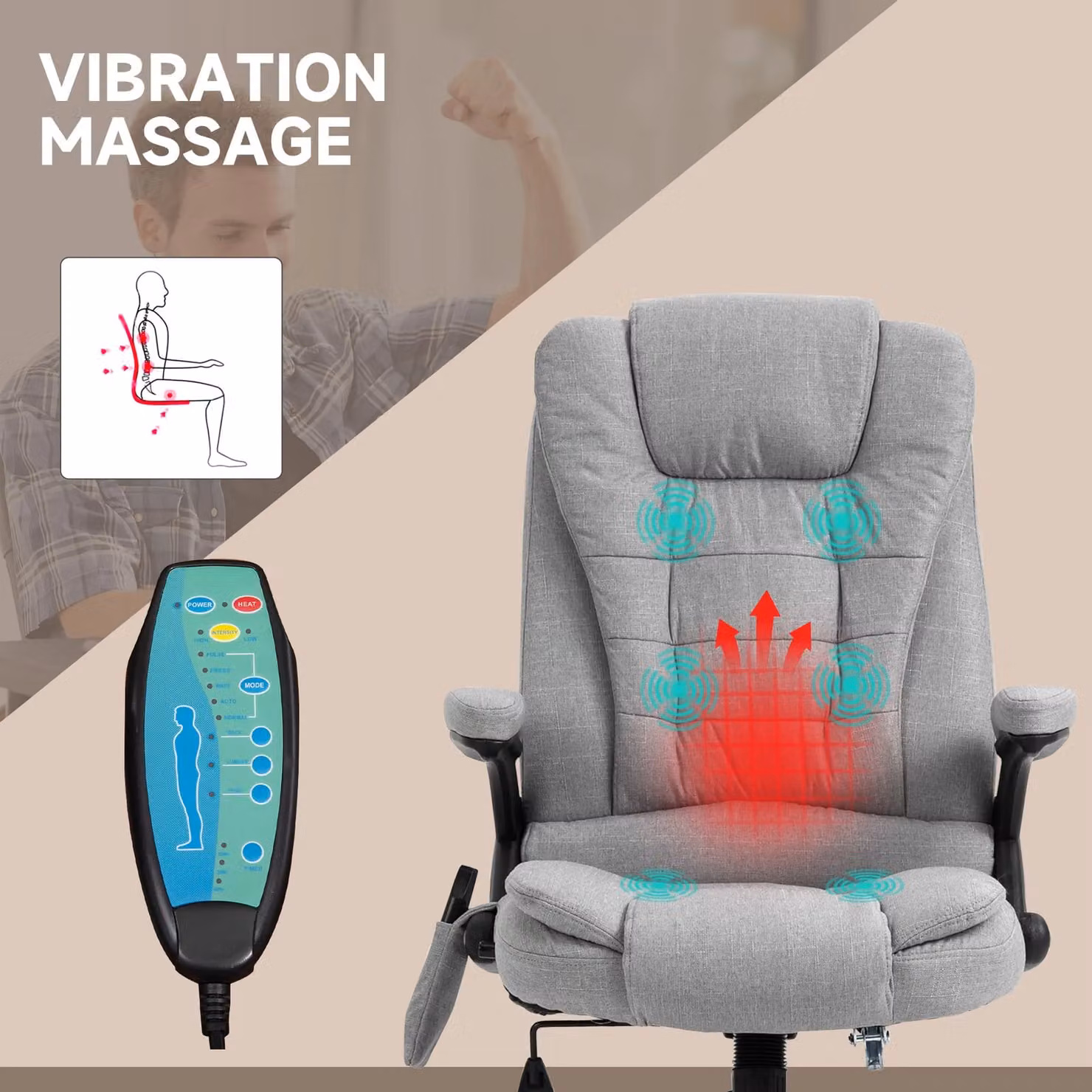 Vinsetto Ergonomic Heated Massage Gaming and Office Chair in Grey Fabric – 3