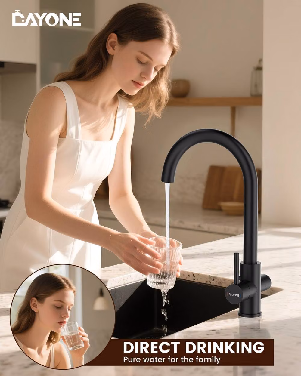 Dayone Matte Black Kitchen Sink Mixer Tap with 360 Degree Swivel Spout and Filtered Water Function – 3