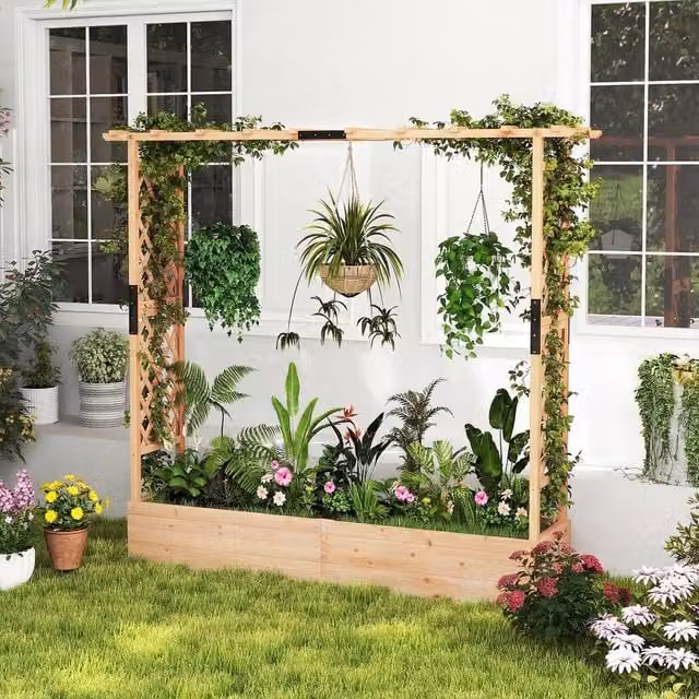 Costway Fir Wood Raised Garden Bed with Trellis in Sand/Brown, W/D/H: 182.0 x 41.0 x 174.0 cm – 1
