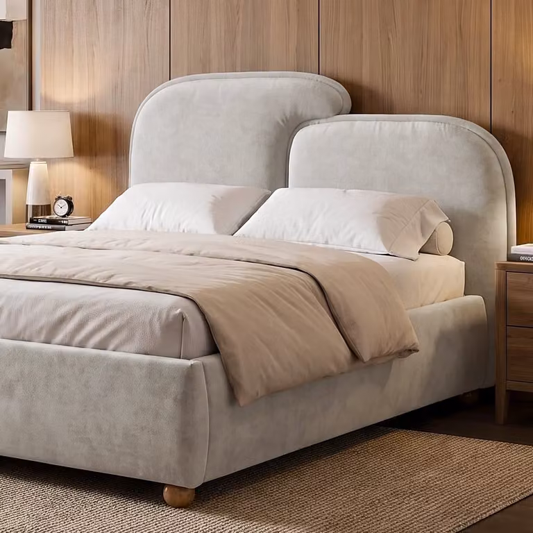 Embrea Upholstered Bed Frame with Curved Headboard in Grey, Double (140 x 200 cm)