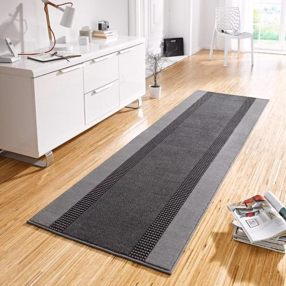 THE RUGS Designer Velours Band Grey Polypropylene Low Pile Runner, W: 80 cm, L: 500 cm – 4