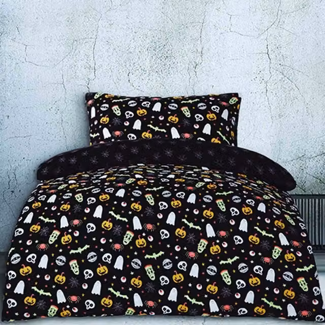 Smart Living Wholesale Ltd. Reversible Halloween Graphic Duvet Cover and Pillowcase Set, Black, W: 90 cm x L: 190 cm