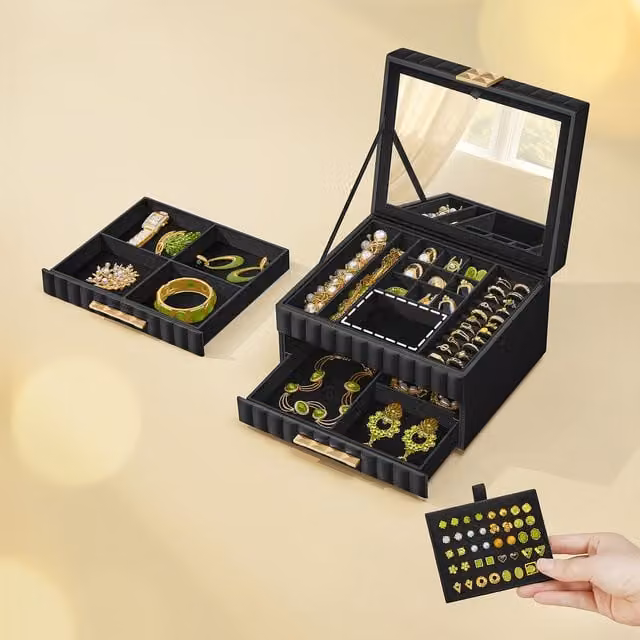 SONGMICS 3-Tier Wooden Jewellery Box with Mirror in Black