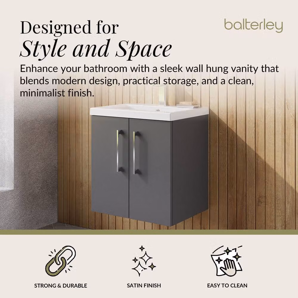 Balterley Modern Wall Hung Bathroom Vanity Unit with 2 Soft Close Doors and Rectangular Mid-Edge Basin, Satin Grey, W: 50 cm, H: 57.9 cm, D: 50 cm – 2