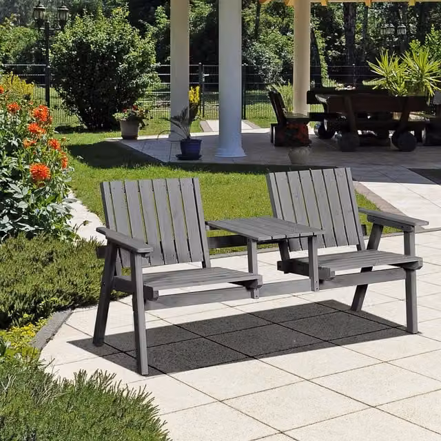 Outsunny Modern Silver Fir Wood 2 Seat Bench with Table