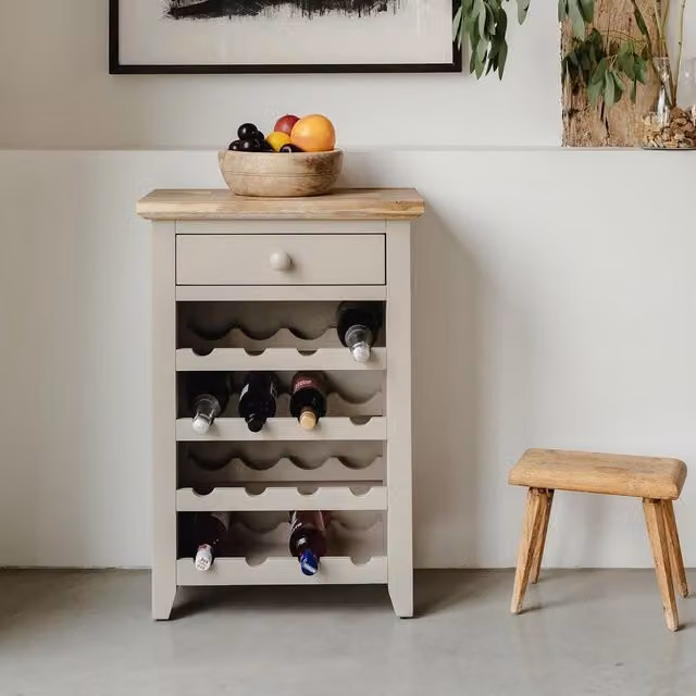 Florence Wine Rack with Drawer in Truffle Acacia Wood, W/D/H: 80.0 x 30.0 x 55.0 cm
