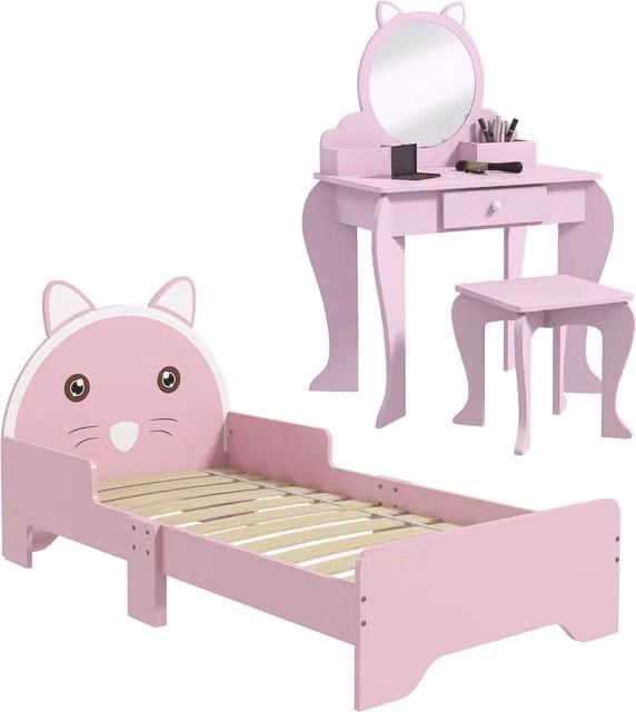 ZONEKIZ Wooden Childrens Bedroom Set with Bed, Dressing Table and Stool in Multicolour with Cat Motif