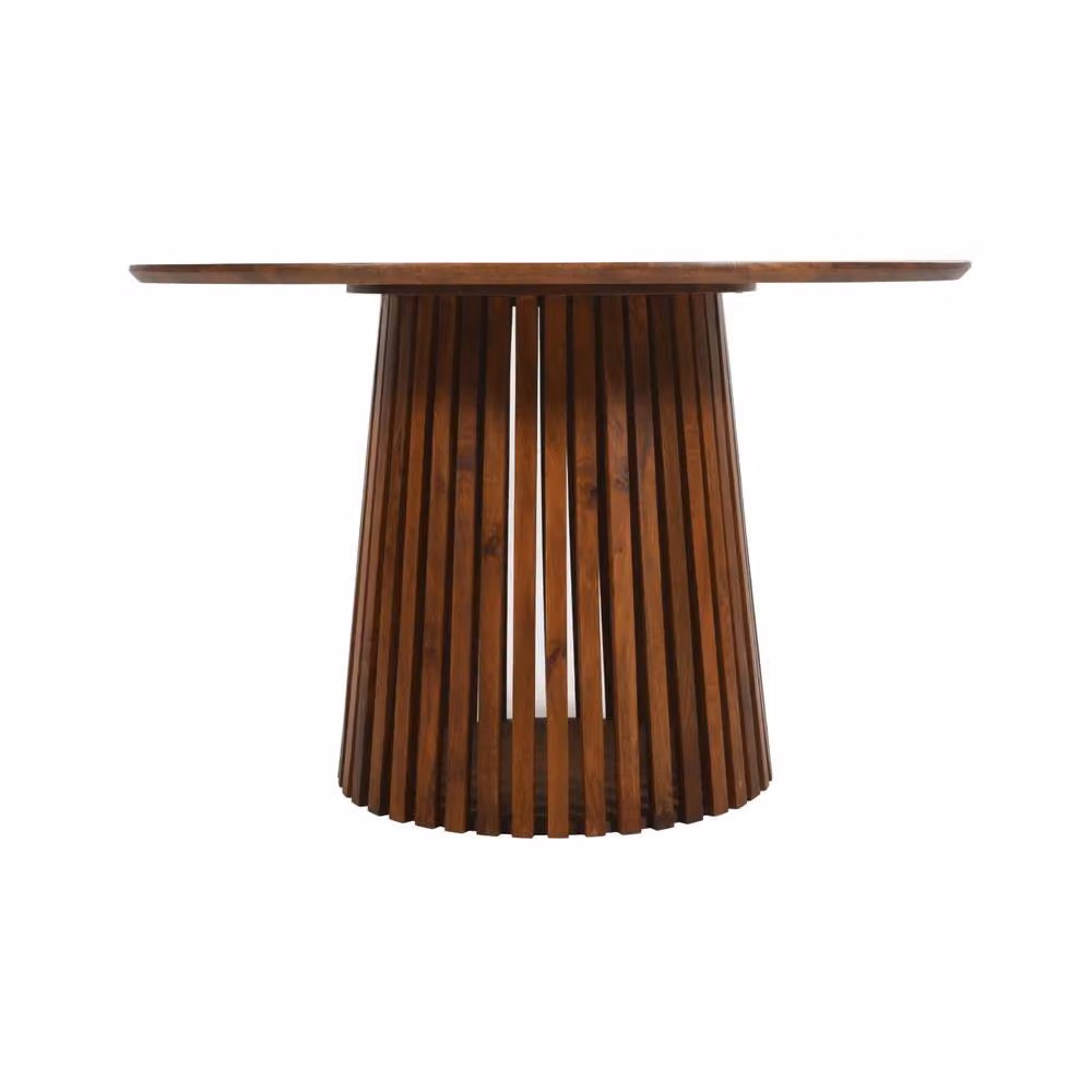 Wyld Haus Birmingham Mid Century Round 4 Seater Slatted Mango Wood Dining Table in Brown – 2