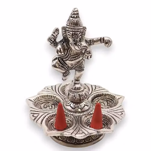 KDMD Dancing Ganesha Silver Metal Incense Holder