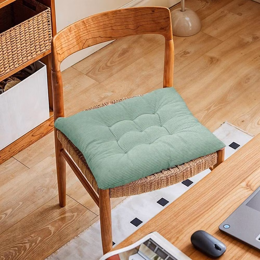 PAWNORA Set of 4 Green Square Corduroy Velvet Garden Dining Chair Cushions with Tie Ons, W: 40 cm x D: 40 cm x H: 6 cm – 2
