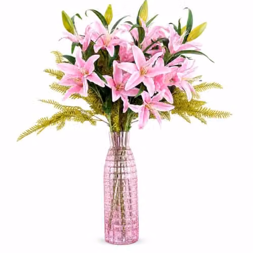 Leaf Design UK Pink Mixed Artificial Flower Display with Glass Square Tabletop Vase