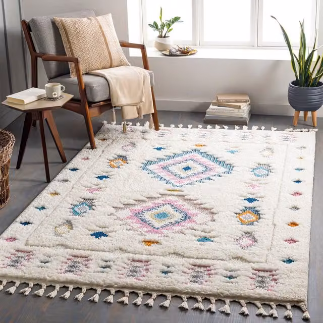 Livabliss Lofty-Shaggy Vintage Boho Plush Soft Pile Rug in Ivory, Pink and Blue, W: 160 cm, D: 215 cm – 1