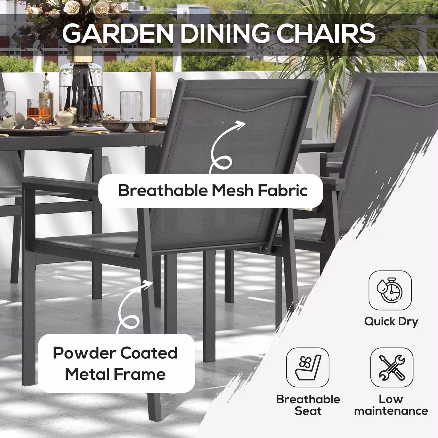 Outsunny 7 Piece Garden Dining Set with Glass Top Rectangular Table and 6 Grey Mesh Armchairs – 3