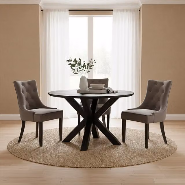 Orsina Modern Round Wood Dining Table with Black Metal Legs in Brown