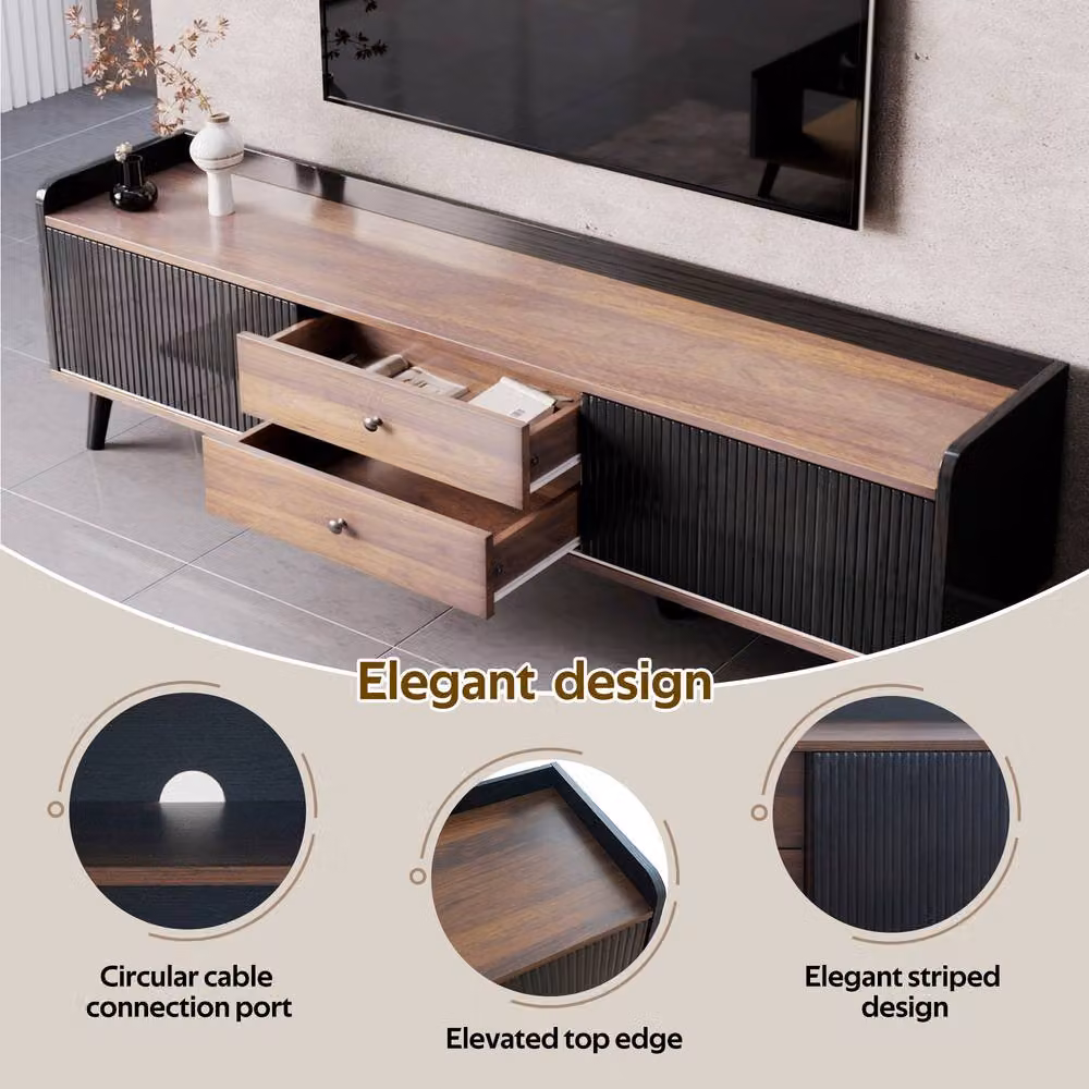 Merax Modern Lowboard TV Stand with 2 Striped Sliding Doors and 2 Drawers, Brown and Black, W: 160 cm, D: 40 cm, H: 58 cm – 4