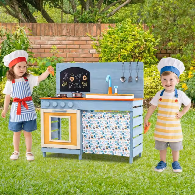 Costway Chef Pretend Mud Kitchen in Blue Wood