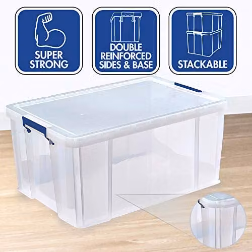 Bankers Box ProStore Stackable Plastic Storage Boxes with Lids, Pack of 3, Clear (2 x 70 Litre and 1 x 85 Litre)