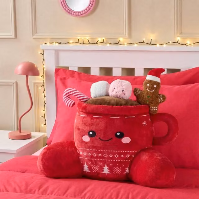 OHS Kids Festive Hot Chocolate Cuddle Cushion Backrest Reading Pillow in Red and Multicolour