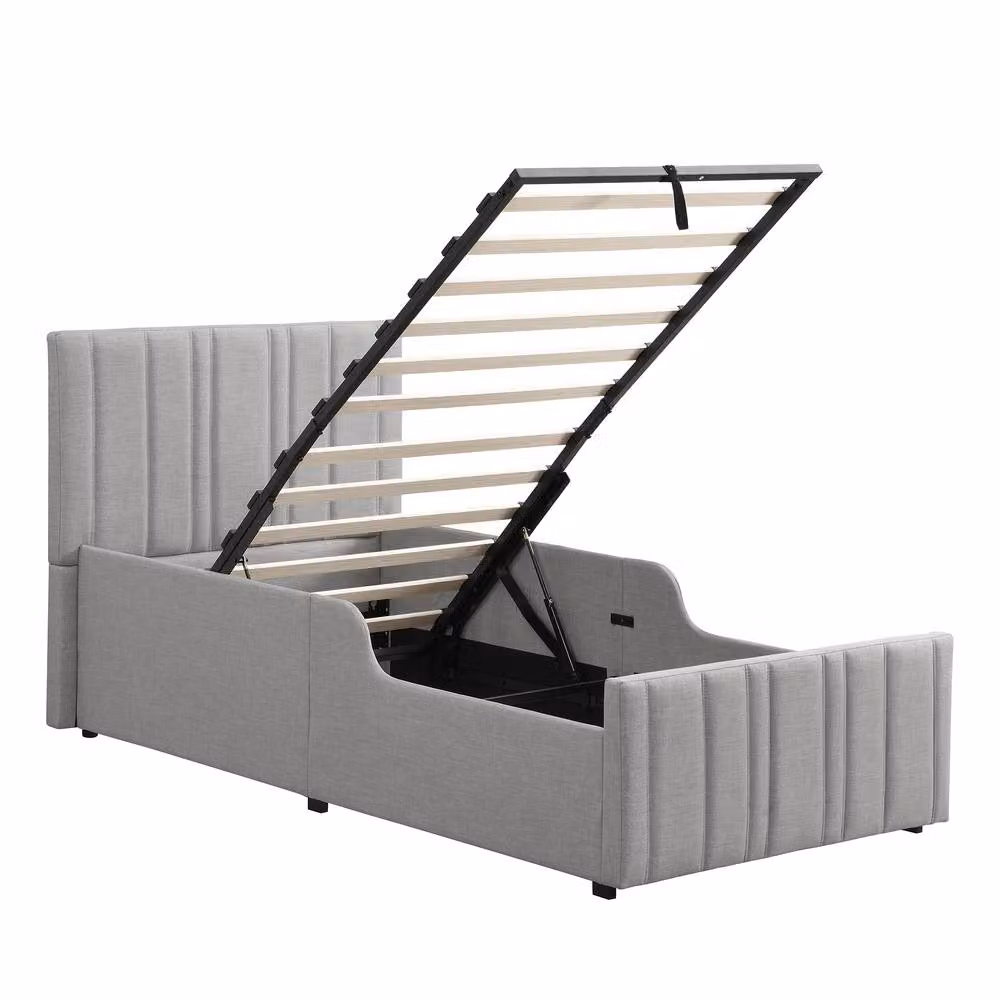 Merax 3ft Single Linen Upholstered Ottoman Storage Bed Frame in Grey, W/D/H: 90 x 190 cm – 4