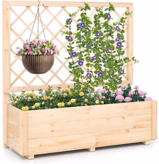 Gymax Wooden Raised Garden Bed with Lattice Trellis in Natural Brown and Beige, Height: 104 cm
