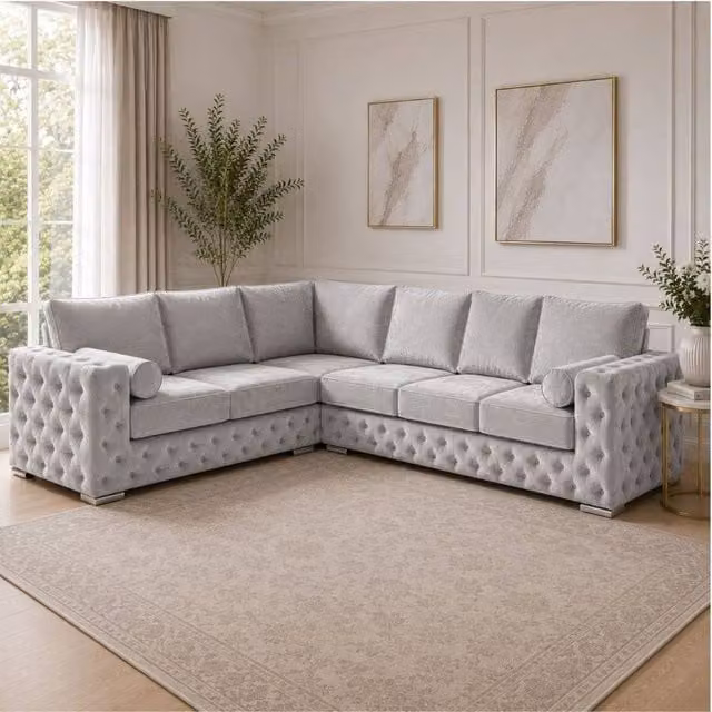 Stratus Interiors Ashley Chesterfield Full Back Corner Sofa in Silver Plush Velvet Fabric