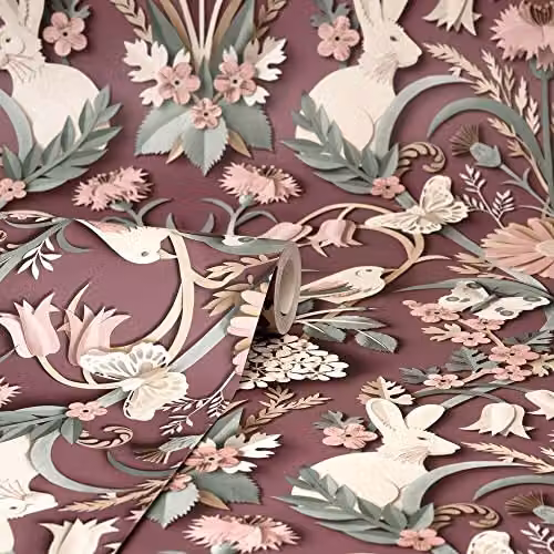 YöL Plum Purple Woodland Rabbit and Butterfly Luxury Paper Wallpaper – 2