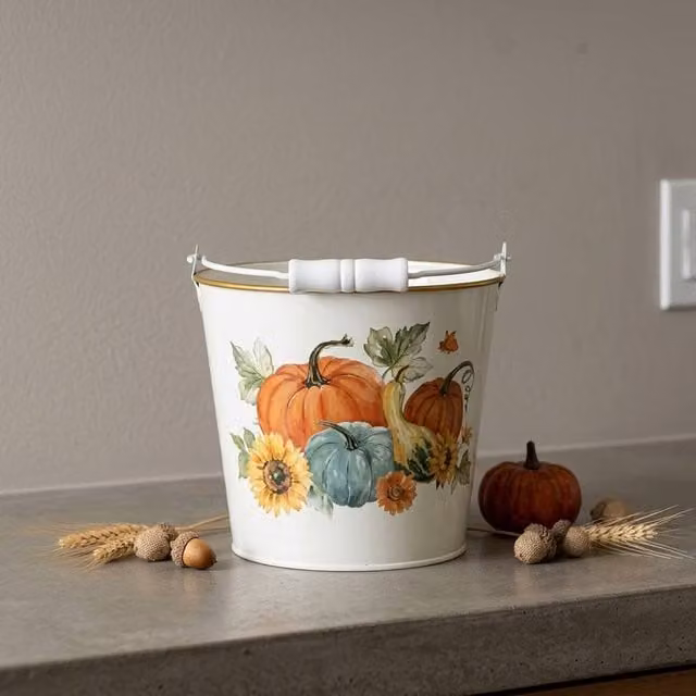 Garden Greatness Autumnal Pumpkin Decorative Metal Bucket in Multicolour and White